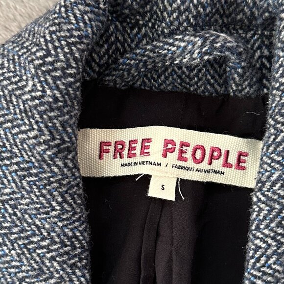 Free People Tailored Heritage Double Breasted Blazer Blue SMALL Herringbone - Picture 2 of 6